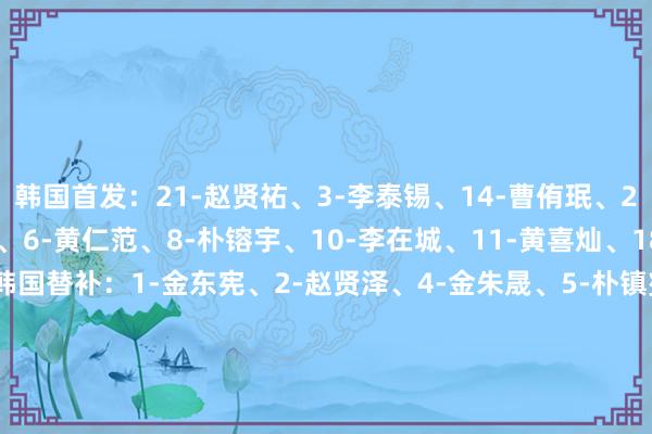 韩国首发:21-赵贤祐、3-李泰锡、14-曹侑珉、20-权敬原、22-薛英佑、6-黄仁范、8-朴镕宇、10-李在城、11-黄喜灿、18-李刚仁、9-吴世勋韩国替补:1-金东宪、2-赵贤泽、4-金朱晟、5-朴镇燮、7-文宣民、12-李昌根、13-金植圭、15-崔浚、16-李韩汎、17-杨贤俊、19-吴贤揆、23-全晋盱 体育录像/图片