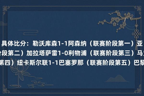 具体比分：勒沃库森1-1阿森纳（联赛阶段第一）亚特兰大1-6拜仁（联赛阶段第二）加拉塔萨雷1-0利物浦（联赛阶段第三）马竞5-2热刺（联赛阶段第四）纽卡斯尔联1-1巴塞罗那（联赛阶段第五）巴黎圣日耳曼5-2切尔西（联赛阶段第六）博德精通3-0葡萄牙体育（联赛阶段第七）皇家马德里3-0曼城（联赛阶段第八）    体育录像/图片