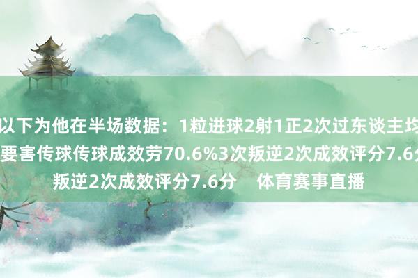 以下为他在半场数据：1粒进球2射1正2次过东谈主均成效24次触球1次要害传球传球成效劳70.6%3次叛逆2次成效评分7.6分    体育赛事直播